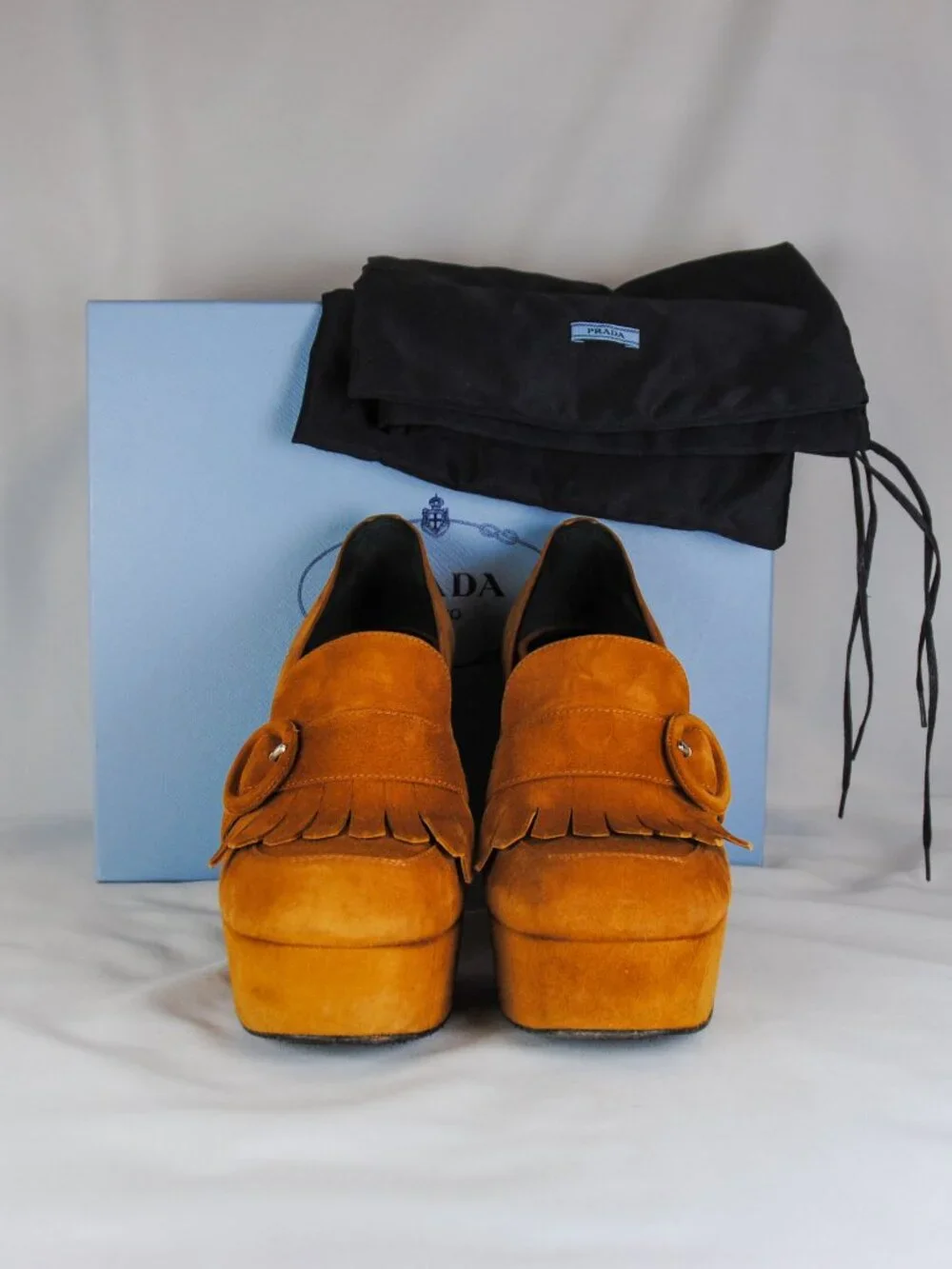 Prada Caramel Suede Fringe Platform Loafers Size 37.5
